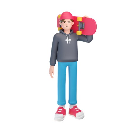 Boy Holding Skateboard 3D Illustration