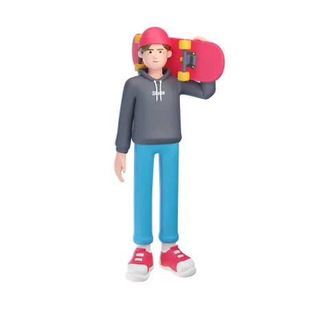 Boy Holding Skateboard  3D Illustration