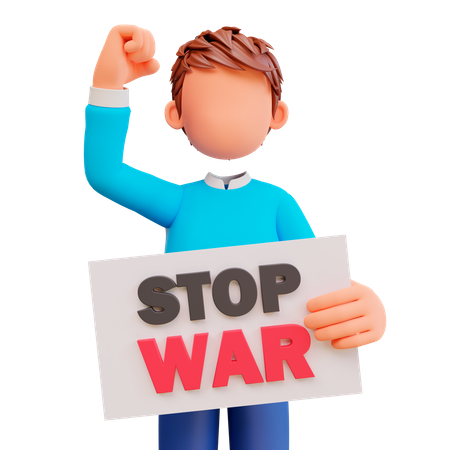 Boy holding stop war poster  3D Illustration