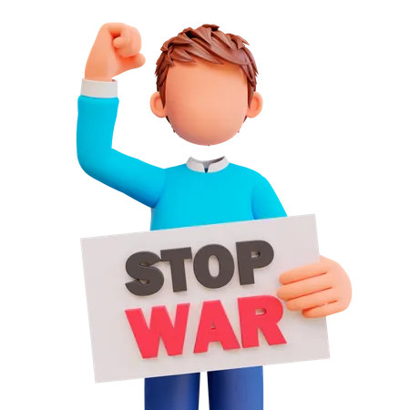 Boy holding stop war poster  3D Illustration