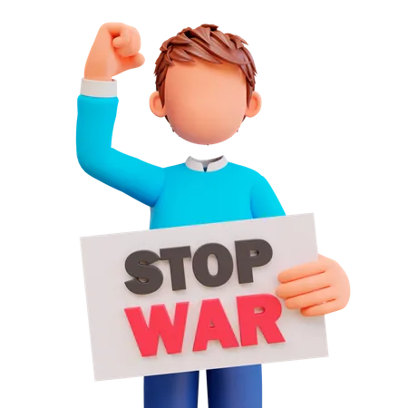 Boy holding stop war poster 3D Illustration