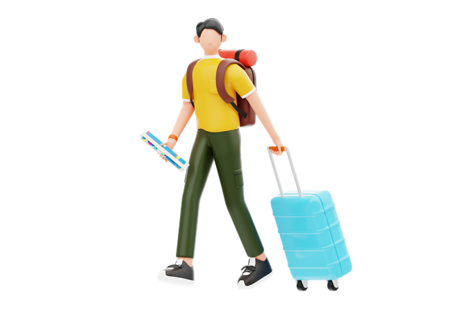 旅行に出かけるときにスーツケースを抱える少年  3D Icon