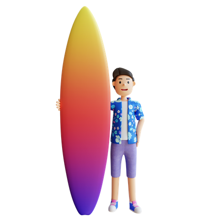 Boy Holding Surfboard  3D Illustration