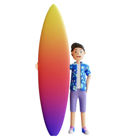 Boy Holding Surfboard  3D Illustration