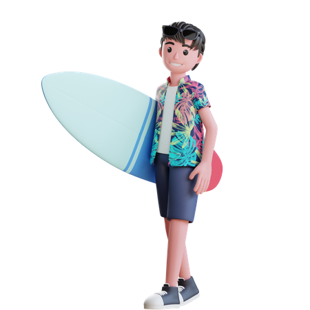 Boy Holding Surfboard  3D Illustration