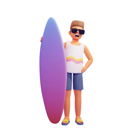 Boy holding surfboard  3D Illustration