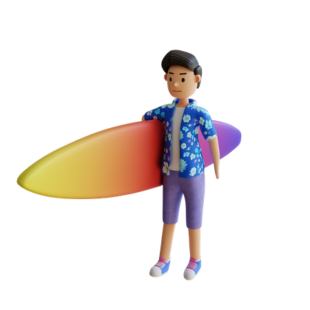 Boy Holding Surfboard  3D Illustration