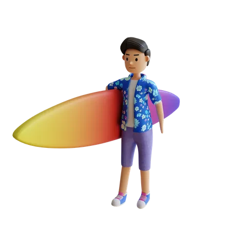 Boy Holding Surfboard  3D Illustration