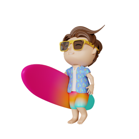 Boy holding surfboard  3D Illustration