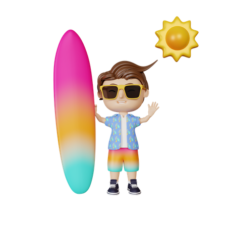 Boy holding surfboard  3D Illustration