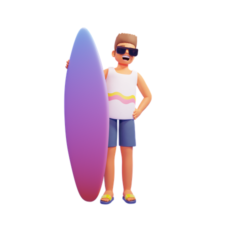 Boy holding surfboard 3D Illustration