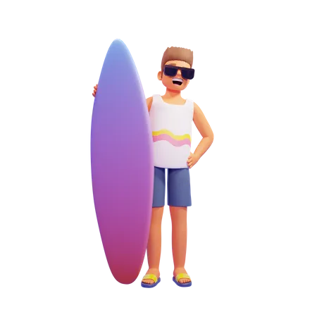 Boy holding surfboard 3D Illustration