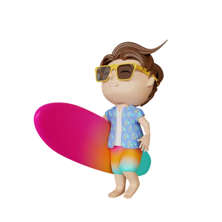 3 D Rendering Cute Boy In Summer With Surfing Board 3D Illustration