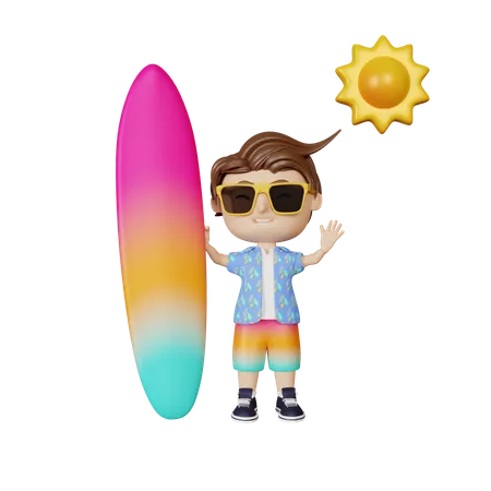 Boy holding surfboard  3D Illustration