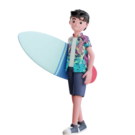 Boy Holding Surfboard 3D Illustration