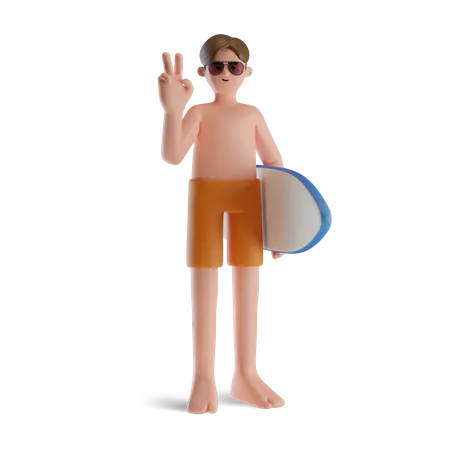 Boy Holding Surfboard 3D Illustration