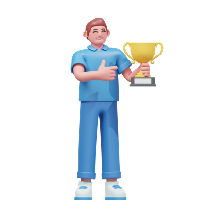 Boy Holding Trophy  3D Illustration