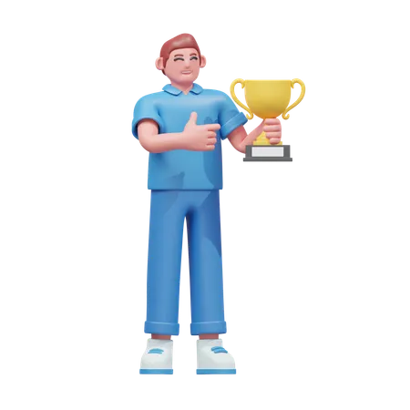 Boy Holding Trophy  3D Illustration