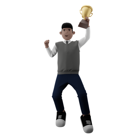 Boy holding Trophy  3D Illustration