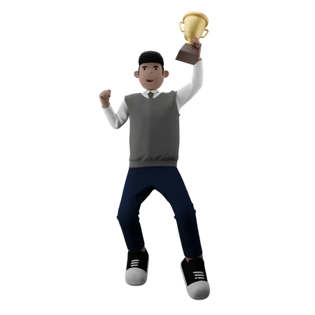 Boy holding Trophy  3D Illustration