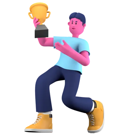 Boy holding trophy  3D Illustration