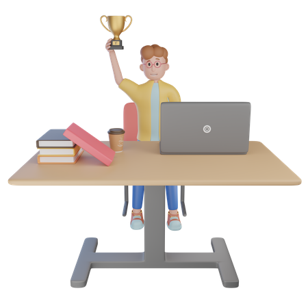 Boy Holding Trophy After Winning  3D Illustration