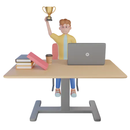 Boy Holding Trophy After Winning  3D Illustration