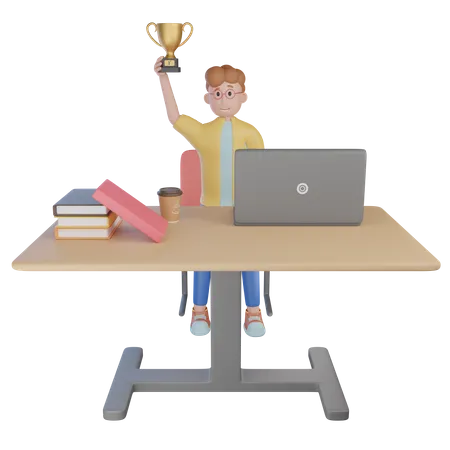 Illustration Of Young Boy Holding Trophy After Winning Hackathon 3D Illustration