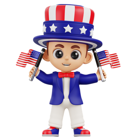 Boy Holding Two American Flags  3D Illustration