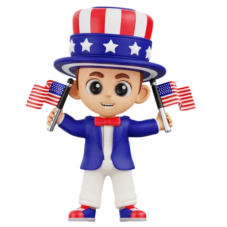 Boy Holding Two American Flags  3D Illustration