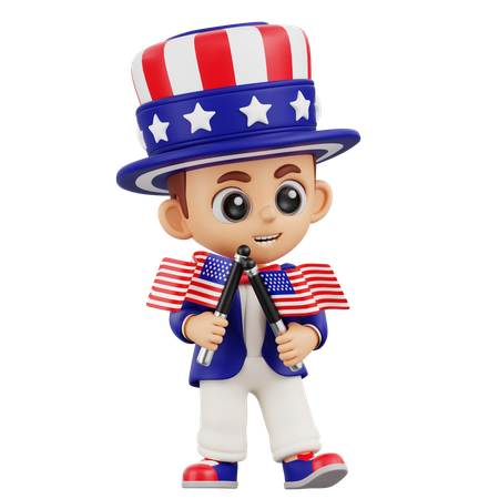 2つのアメリカ国旗を持つ少年  3D Illustration