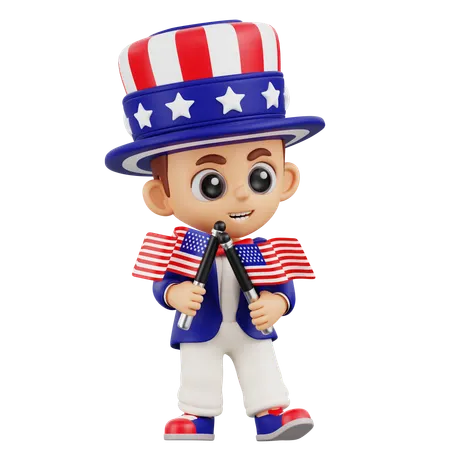 2つのアメリカ国旗を持つ少年  3D Illustration