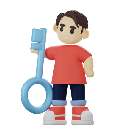 Boy holding verification key 3D Illustration