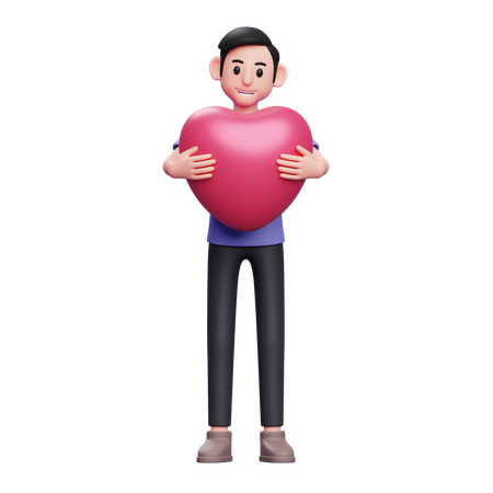 Boy hugging pink heart  3D Illustration