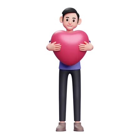 Boy hugging pink heart  3D Illustration