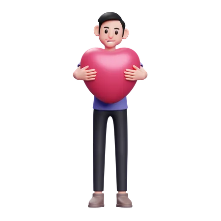 Boy hugging pink heart 3D Illustration