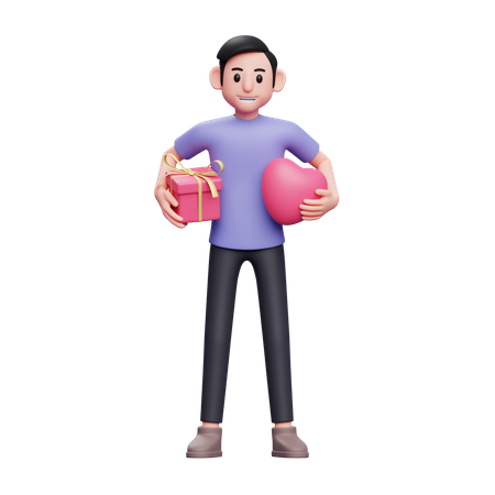 Boy hugs gifts and heart balloons with both hands for valentine  3D Icon