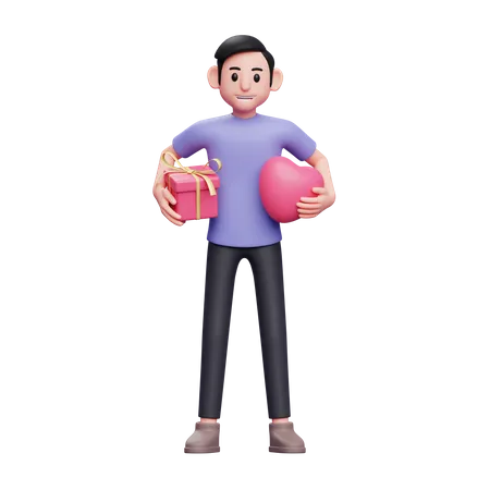 Boy hugs gifts and heart balloons with both hands for valentine  3D Illustration