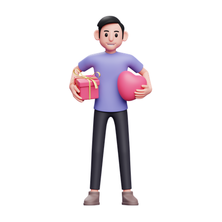 Boy hugs gifts and heart balloons with both hands for valentine 3D Illustration