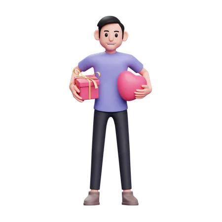 Boy hugs gifts and heart balloons with both hands for valentine 3D Illustration