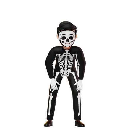 Boy In Skeleton Costume Bending 3D Illustration