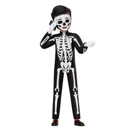 Boy In Skeleton Costume Calling  3D Illustration