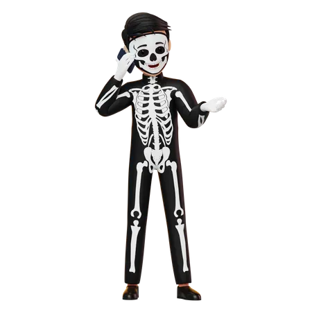 Boy In Skeleton Costume Calling  3D Illustration