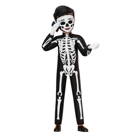 Boy In Skeleton Costume Calling 3D Illustration