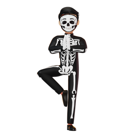 Boy In Skeleton Costume Doing Yoga  3D Illustration