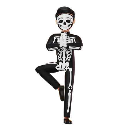 Boy In Skeleton Costume Doing Yoga  3D Illustration