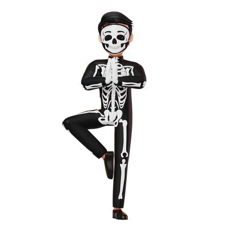 Boy In Skeleton Costume Doing Yoga 3D Illustration
