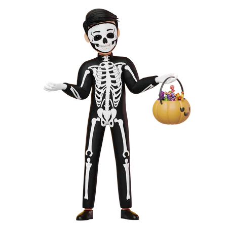 Boy In Skeleton Costume Holding Pumpkin Basket  3D Illustration