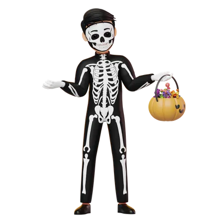 Boy In Skeleton Costume Holding Pumpkin Basket 3D Illustration