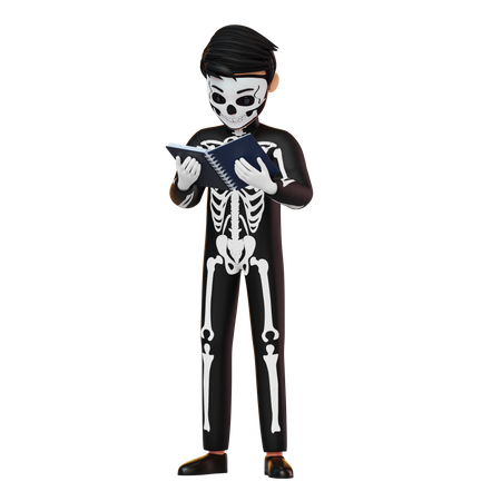 Boy In Skeleton Costume Reading Book  3D Illustration